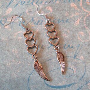 Angel Wing Triple Heart Charm Long Dangle Silvertone Fish Hook Earrings